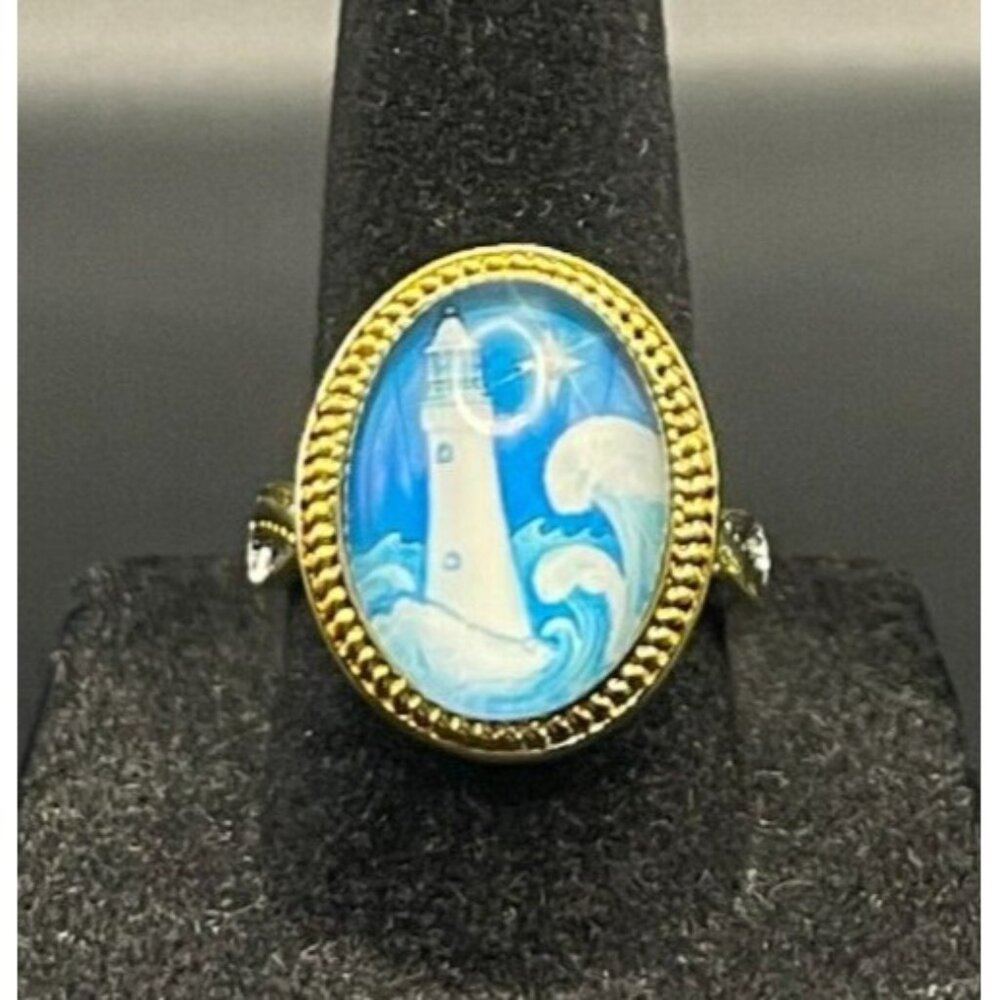 Vintage Antique Silver & Gold Tone Rhinestone Lighthouse Ring - Size 7